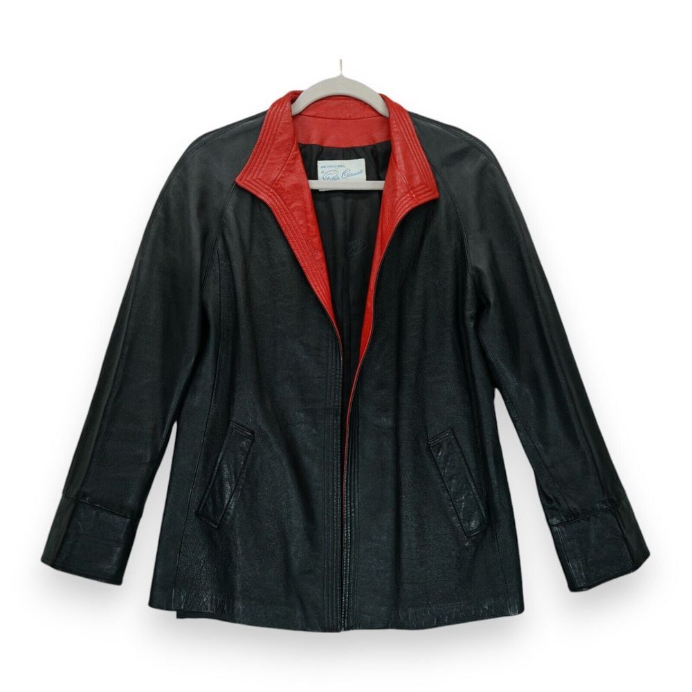 Vintage 1970's Peter Caruso Leather Jacket Women's‎ Size 6 Open Front Black Red